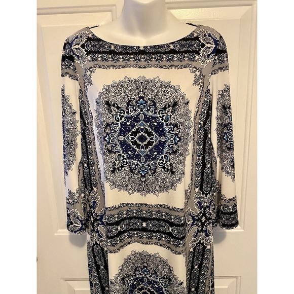 Laundry By Shelli Segal 3/4 Sleeve White Geometric Design Shift Dress Boho Small - Picture 2 of 4